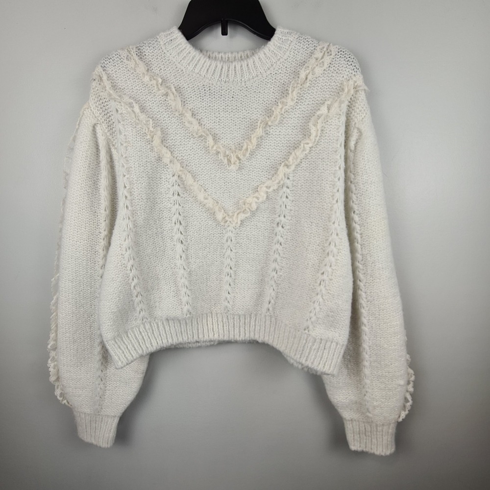 H&M Divided White Lace Trim Cable Knit Sweater Medium Cropped Balloon Sleeve